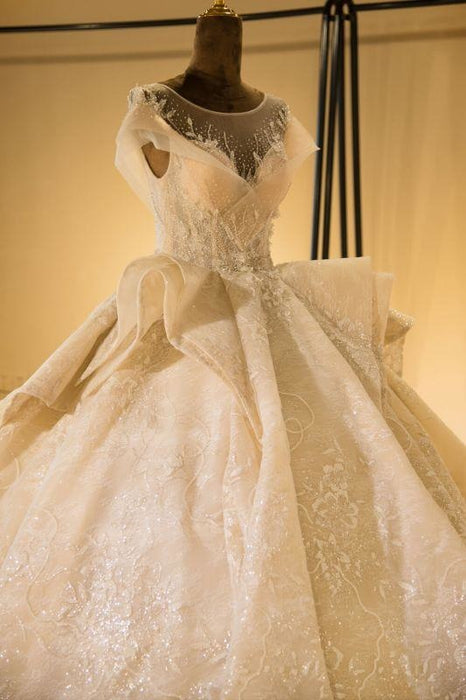 Bridelily Cap Sleeve Appliques Tulle A-line Wedding Dress - wedding dresses