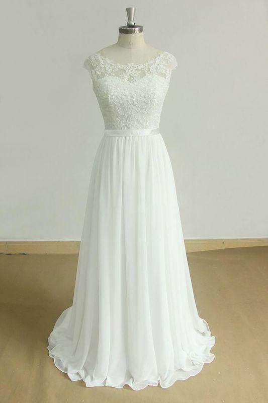 Bridelily Chic Cap Sleeve Lace Chiffon A-line Wedding Dress - wedding dresses
