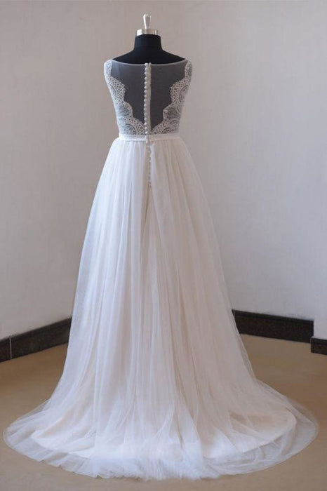Bridelily Chic Lace Floor Length Tulle A-line Wedding Dress - wedding dresses