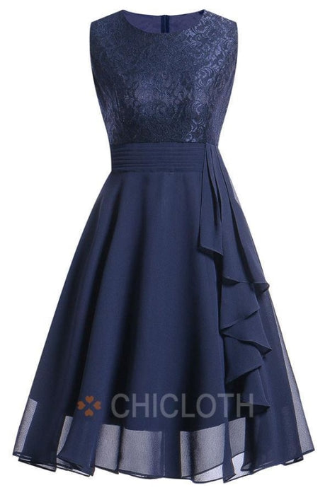 Bridelily Crew Ribbon Lace Dresses - S / Dark Blue - lace dresses
