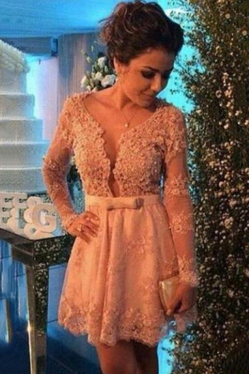 Bridelily Cute Pink Bowknot Lace Short Cocktail Dress with Beadings Long Sleeve Homecoming Dresses for Women - Prom Dresses