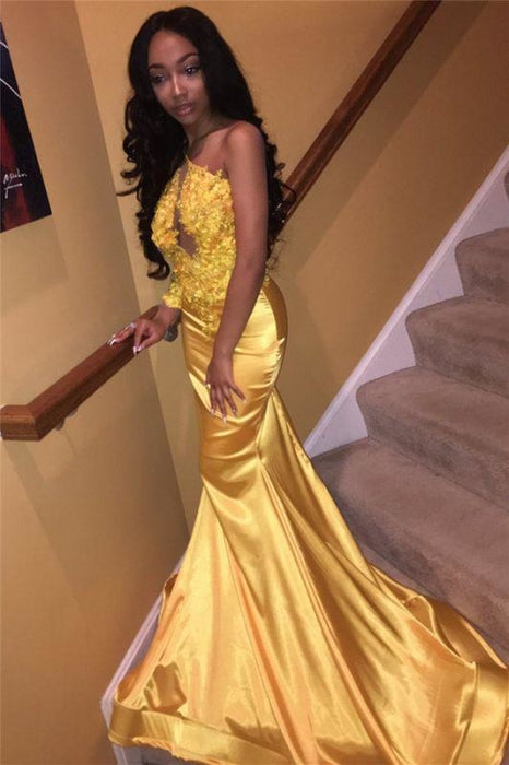 Bridelily Daffodil One Sleeve Sexy Prom Dress 2019 | Mermaid Lace Appliques Cheap Evening Gown FB0306 - Prom Dresses