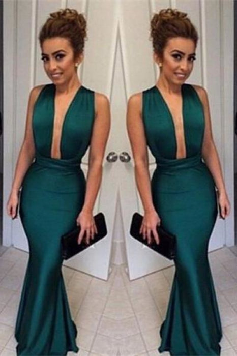 Bridelily Dark Green Mermaid Prom Dresses 2019 Deep V Neck Long Sexy Evening Gowns - Prom Dresses