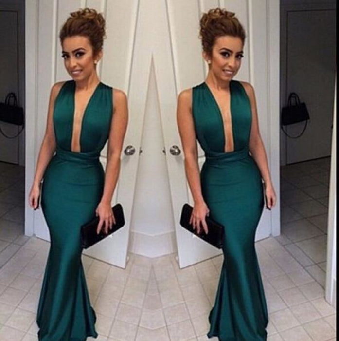 Bridelily Dark Green Mermaid Prom Dresses 2019 Deep V Neck Long Sexy Evening Gowns - Prom Dresses