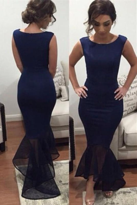 Bridelily Dark Navy Sexy Mermaid Evening Dress Cheap Simple Floor Length Formal Occasion Dress - Prom Dresses