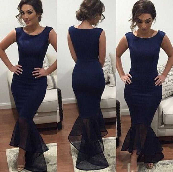 Bridelily Dark Navy Sexy Mermaid Evening Dress Cheap Simple Floor Length Formal Occasion Dress - Prom Dresses