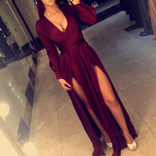 Bridelily Deep V-neck Burgundy Evening Dresses 2019 Long Sleeve Sexy Prom Gowns with Splits CE0060 - Prom Dresses