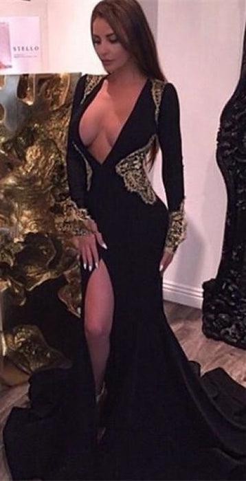 Bridelily Deep V-neck Sexy Black Evening Dresses Gold Lace 2019 Party Dresses with Slit CE086 - Prom Dresses