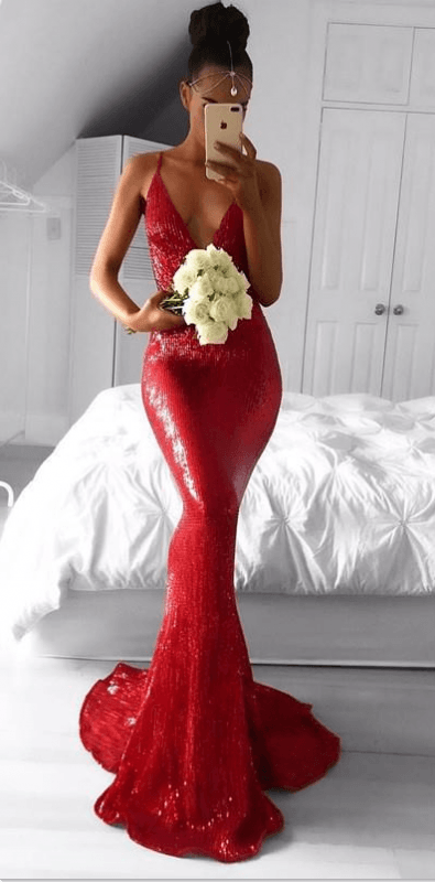 Bridelily Deep V-neck Spaghetti Backless Sequins Floor-length Mermaid Prom Dresses - Prom Dresses