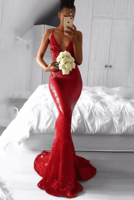 Bridelily Deep V-neck Spaghetti Backless Sequins Floor-length Mermaid Prom Dresses - Prom Dresses