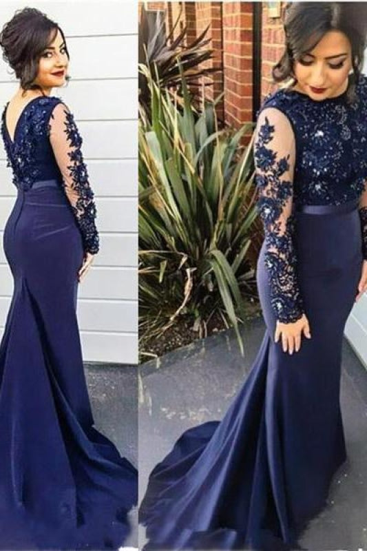 Bridelily Delicate Lace Appliques Beading Prom Dress 2019 Mermaid Long Sleeve BA2728 - Prom Dresses