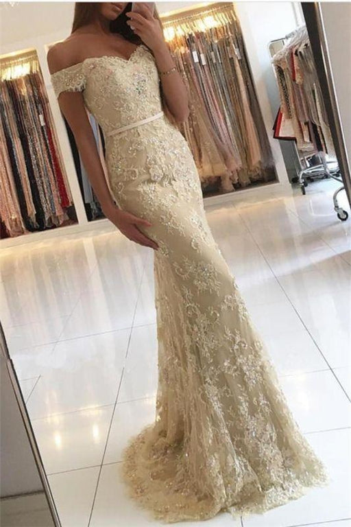 Bridelily Elegant 2019 Lace Mermaid Prom Dresses Off the Shoulder Beading with Belt - Prom Dresses