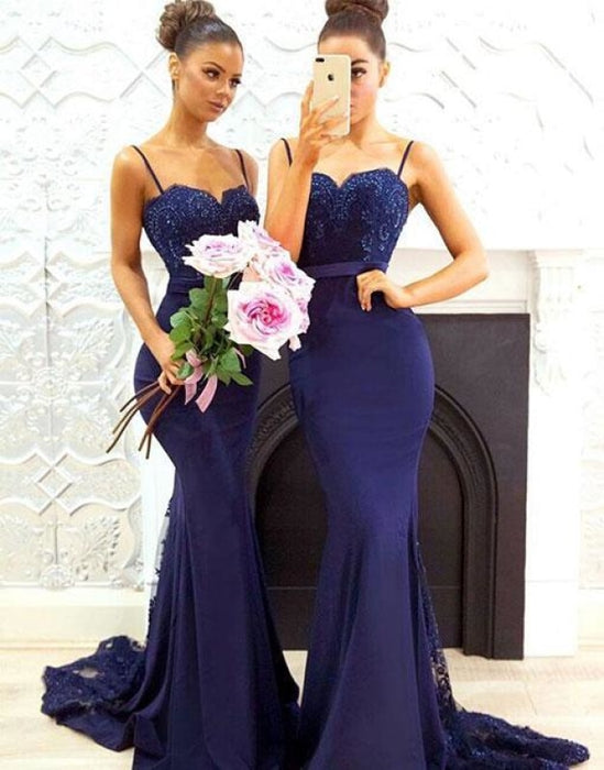 Bridelily Elegant Dark Navy Bridesmaid Dresses | Spaghettis Straps Lace Prom Dresses - Prom Dresses