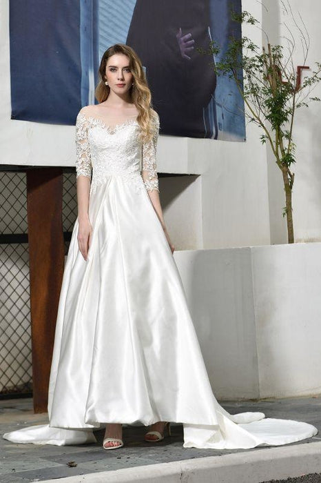 Bridelily Elegant Lace-up A-Line Applique Satin Wedding Dress - wedding dresses