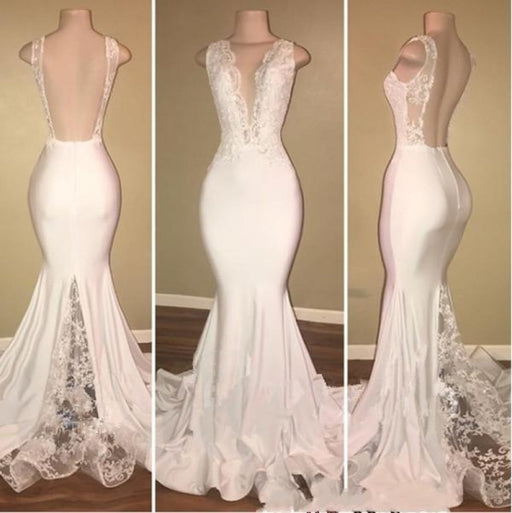 Bridelily Elegant Long Mermaid Prom Dresses | V-Neck Backless Lace Evening Gowns - Prom Dresses