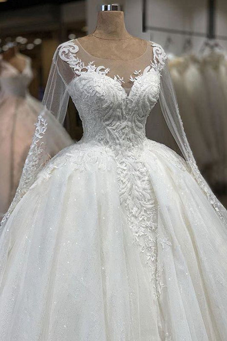 Bridelily Elegant Long Sleeve Ball Gown Tulle Wedding Dress - wedding dresses