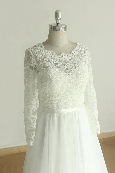 Bridelily Elegant Long Sleeve Lace Tulle A-line Wedding Dress - wedding dresses
