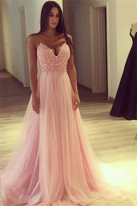 Bridelily Elegant Pink A-line Evening Gowns | Spaghettis Straps Tulle Prom Dresses - Prom Dresses