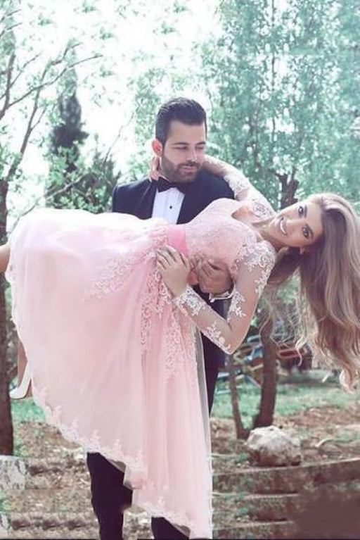 Bridelily Elegant Pink Short Homecoming Dress 2019 Long Sleeves Appliques Cocktail Dresses - Prom Dresses