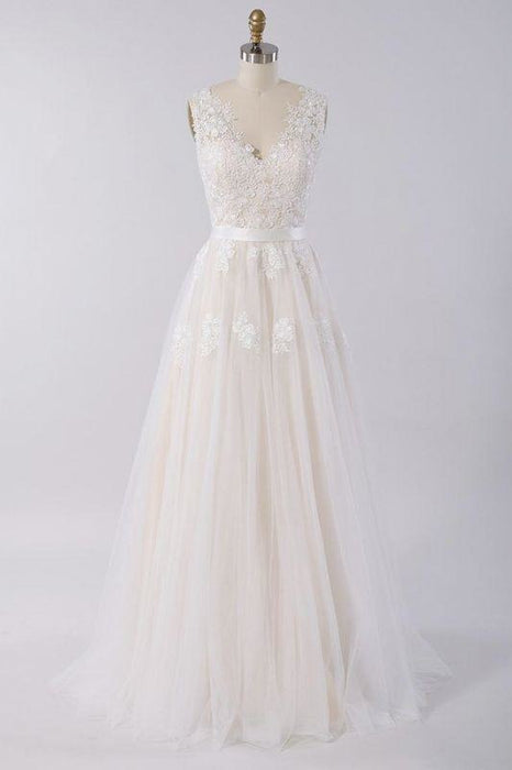 Bridelily Elegant V-neck A-line Appliques Tulle Wedding Dress - wedding dresses