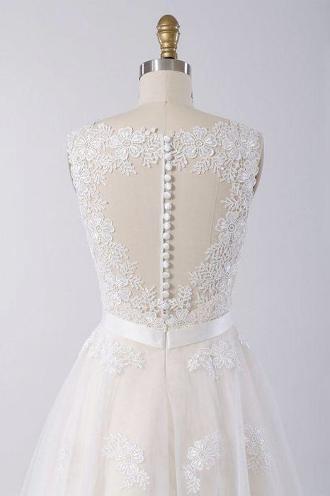 Bridelily Elegant V-neck A-line Appliques Tulle Wedding Dress - wedding dresses