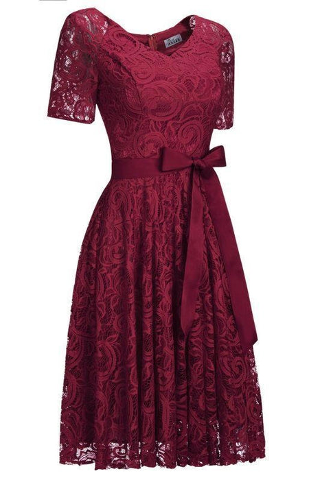 Bridelily Elegant V-neck Short Sleeves Lace Dresses with Bow Sash - Burgundy / US 2 - lace dresses