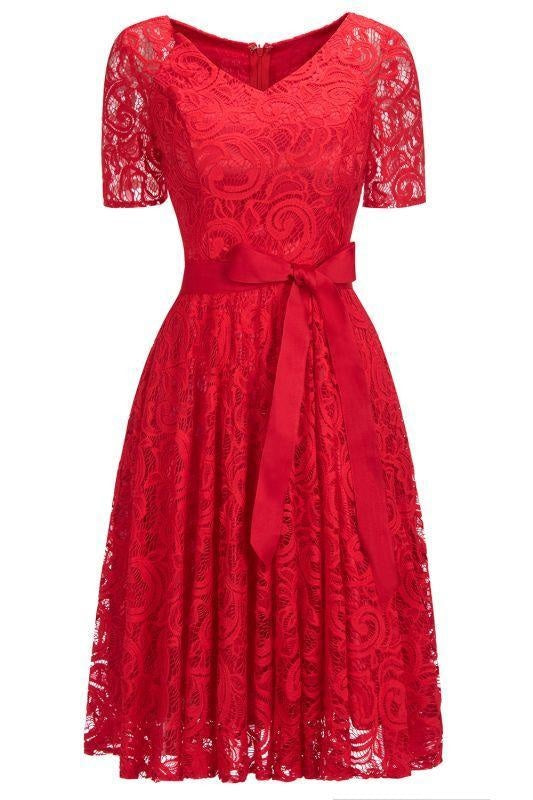 Bridelily Elegant V-neck Short Sleeves Lace Dresses with Bow Sash - Red / US 2 - lace dresses