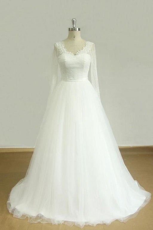 Bridelily Elegent Long Sleeve V-neck Lace Tulle Wedding Dress - wedding dresses