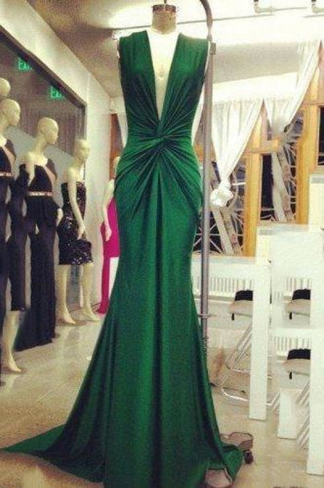 Bridelily Emerald Green Mermaid Evening Gowns 2019 Deep V Neck Ruched Sexy Long Prom Dresses - Prom Dresses