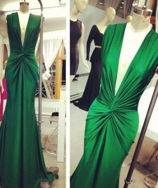 Bridelily Emerald Green Mermaid Evening Gowns 2019 Deep V Neck Ruched Sexy Long Prom Dresses - Prom Dresses