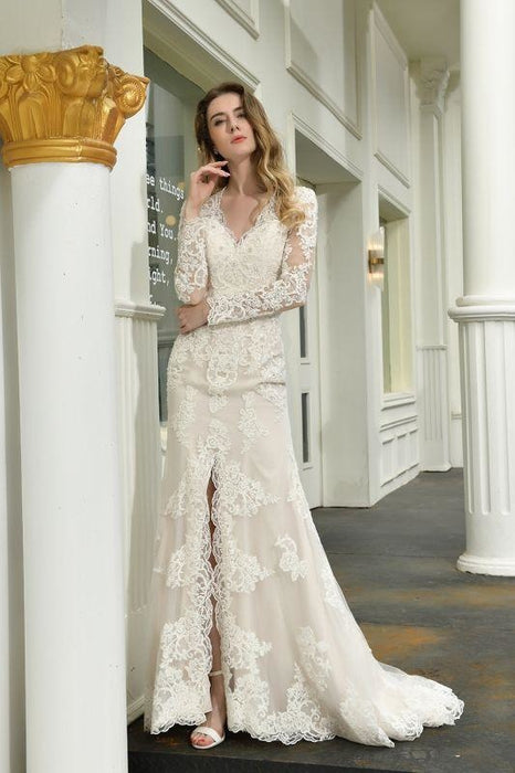 Bridelily Exquisite V-Neck Long Sleeve Mermaid Wedding Dress - wedding dresses