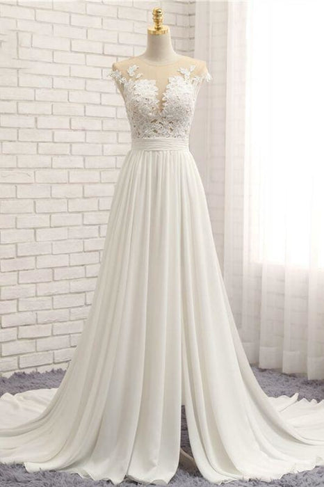 Bridelily Front Slit Appliques Chiffon A-line Wedding Dress - wedding dresses