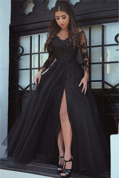 Bridelily Glamorous Black Long-Sleeve Lace Slit Evening Dress - Prom Dresses