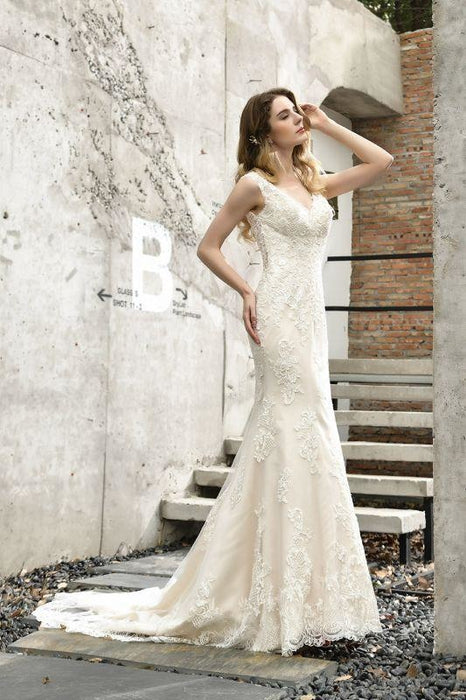 Bridelily Glamorous Mermaid Satin Lace Open Back Wedding Dress - wedding dresses