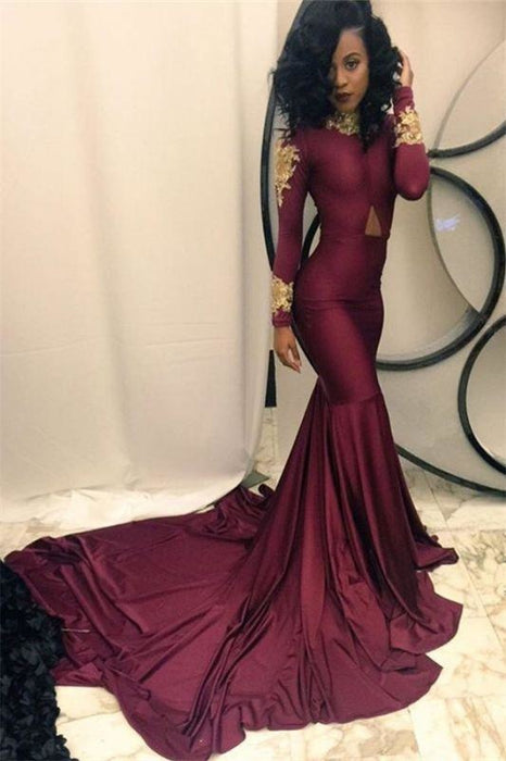 Bridelily Gold Appliques Burgundy Mermaid Evening Dress High Neck Long Sleeves 2019 Prom Dresses qq0103 - Prom Dresses