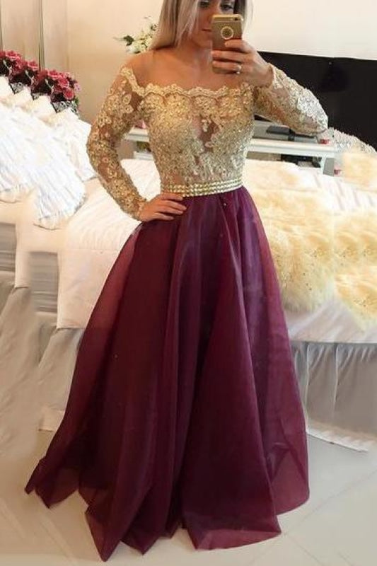Bridelily Gold Burgundy Long-Sleeves Lace-Appliques A-line Prom Dresses - Prom Dresses