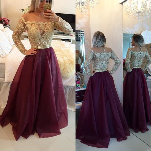 Bridelily Gold Burgundy Long-Sleeves Lace-Appliques A-line Prom Dresses - Prom Dresses