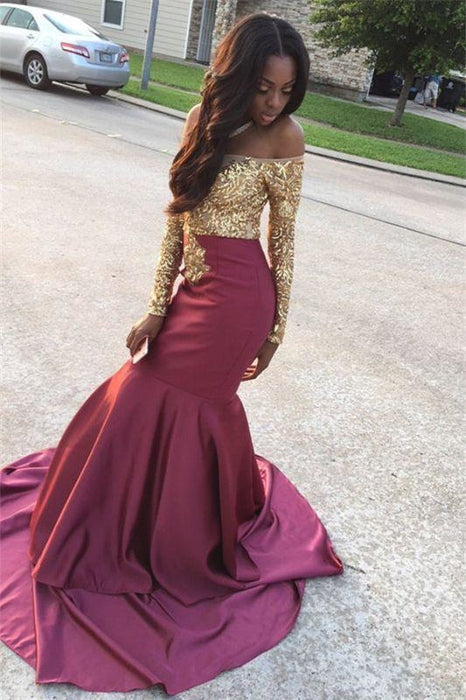 Bridelily Gold Lace Appliques Off The Shoulder Evening Gowns Long Sleeve Mermaid 2019 Prom Dress CE0071 - Prom Dresses