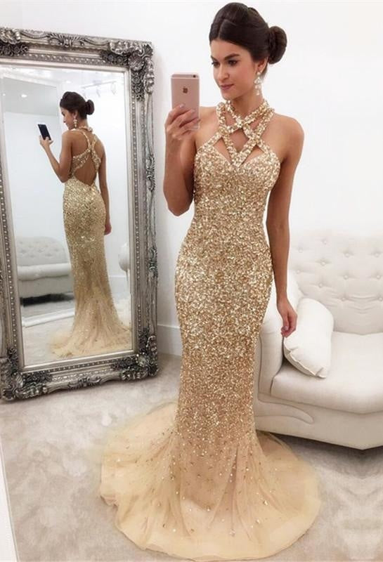 Bridelily Gorgeous Crystals Mermaid Sleeveless Halter Zipper-Back Prom Dress - Prom Dresses