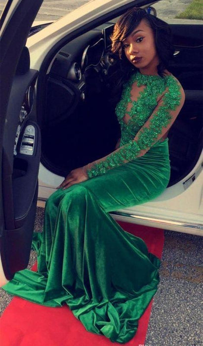 Bridelily Gorgeous Green Long-Sleeve Lace Appliques Split Mermaid Prom Dress - Prom Dresses