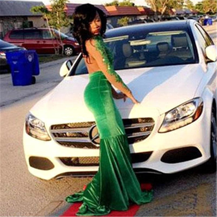 Bridelily Gorgeous Green Long-Sleeve Lace Appliques Split Mermaid Prom Dress - Prom Dresses