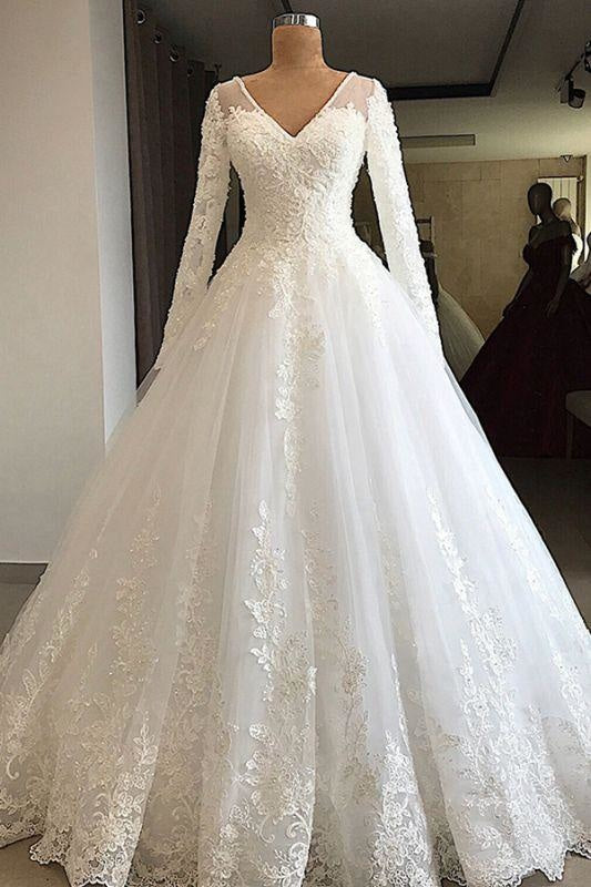 Bridelily Gorgeous Long Sleeve Appliques Tulle Wedding Dress - wedding dresses