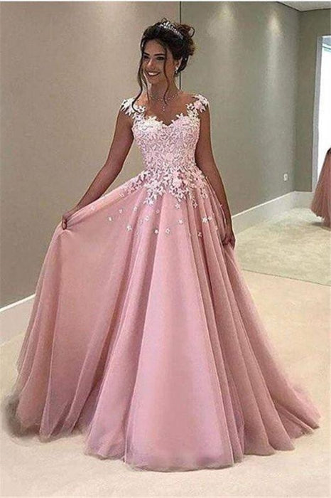 Bridelily Gorgeous Pink Lace Appliques V-Neck A-Line Cap-Sleeves Prom Dress - Prom Dresses