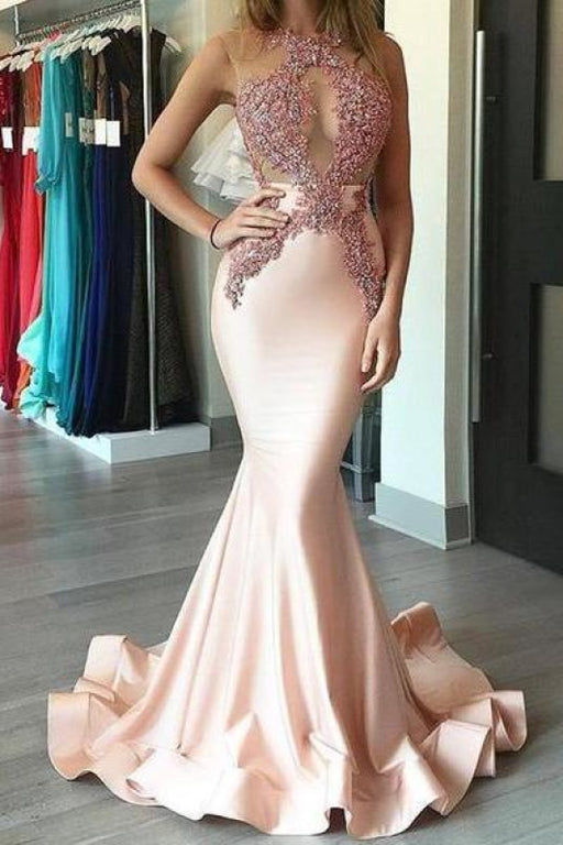 Bridelily Gorgeous Sleeveless Pink Appliques Mermaid Evening Dress PT003 - Prom Dresses