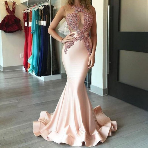 Bridelily Gorgeous Sleeveless Pink Appliques Mermaid Evening Dress PT003 - Prom Dresses