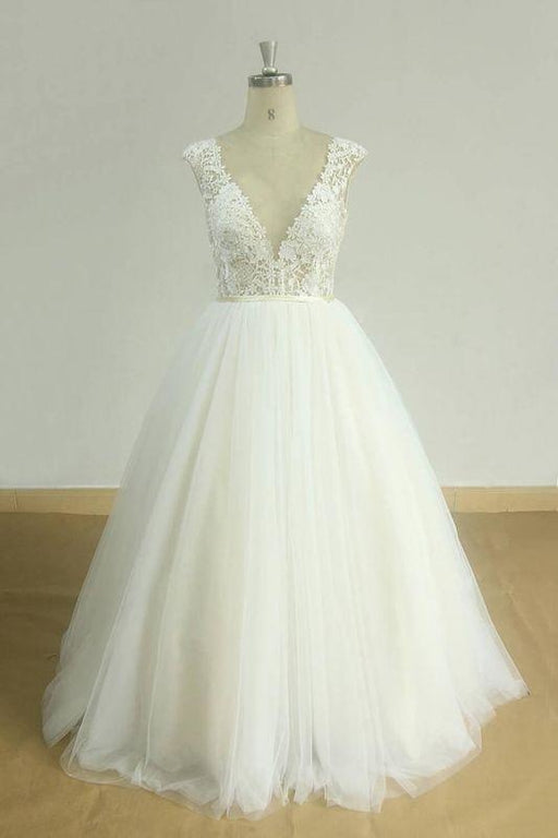 Bridelily Graceful Open Back Lace Tulle A-line Wedding Dress - wedding dresses
