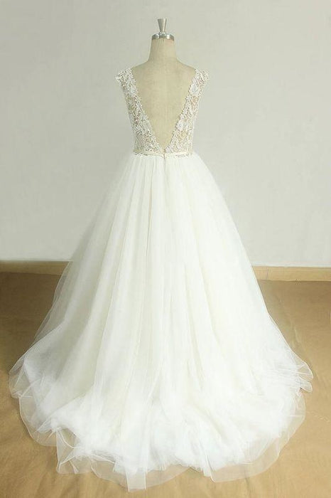 Bridelily Graceful Open Back Lace Tulle A-line Wedding Dress - wedding dresses