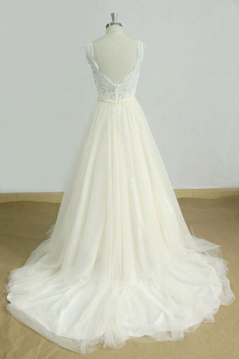 Bridelily Graceful V-neck Lace Tulle A-line Wedding Dress - wedding dresses