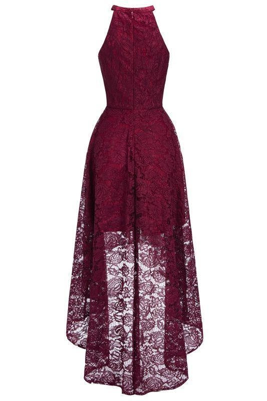 Bridelily Halter Sheath Asymmetrical Burgundy Lace Dresses - Burgundy / US 2 - lace dresses