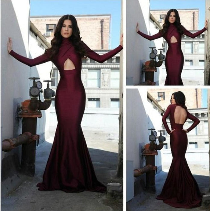 Bridelily High Collar Sexy Long Sleeve Evening Dress Burgundy Mermaid Open Back Formal Occasion Dress - Prom Dresses